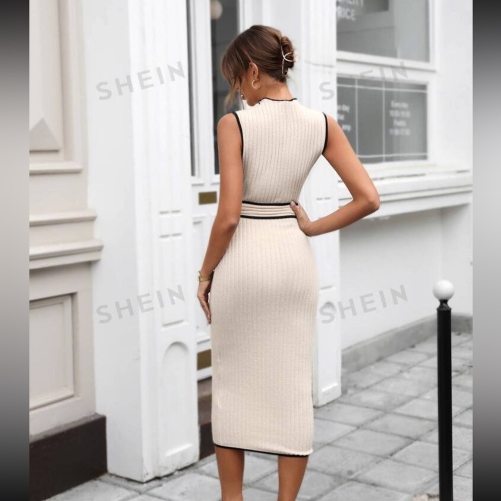 Prive Ribbed Knit Contrast Binding Belted Tank Dress - Picture 4 of 6